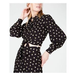 JILL STUART Womens Black Tie Floral Long Sleeve Collared Blouse Size: 0